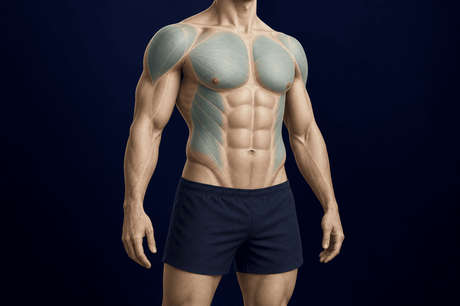 Ilustração anatômica do tronco masculino, com os contornos do peitoral, abdômen e ombros destacados.